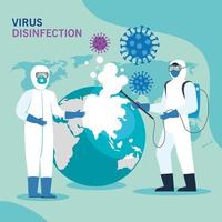 person with protective suit for spraying the covid 19 with world planet , disinfection virus concept vector