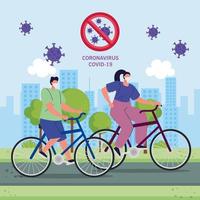 couple in bike using medical protective mask on nature landscape during covid 19 pandemic vector