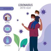 prevención del coronavirus 2019 ncov, padre e hijo con máscara médica protectora vector
