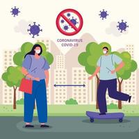 keep distance, couple using face mask in cityscape, during covid 19 vector