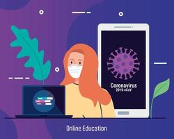 consejos de educación en línea para detener la propagación del coronavirus covid-19, aprendizaje en línea, estudiante mujer con computadora portátil y teléfono inteligente vector