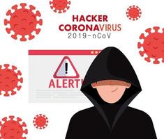 hacker with danger warning sign during covid 19 pandemic vector