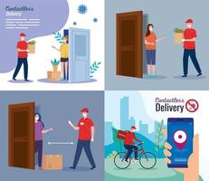 set scenes of safe contactless delivery courier by covid 19 vector