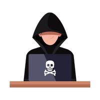 Hacker con ordenador portátil sobre fondo blanco. vector