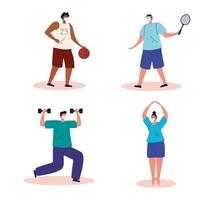 group of people practicing exercise using face mask vector