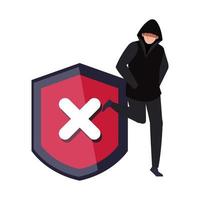 hacker with shield on white background vector