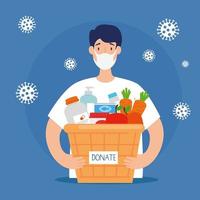 man with donation basket wicker food, social care, volunteering and charity concept vector