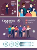 set scenes, people using face mask and campaigns prevention coronavirus covid 19 vector