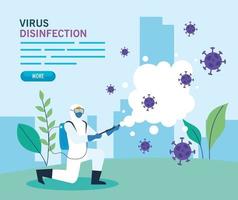person with protective suit for spraying the covid 19 in landscape, disinfection virus concept vector