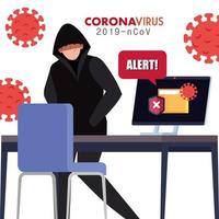 hacker and laptop with alert sign during covid 19 pandemic vector