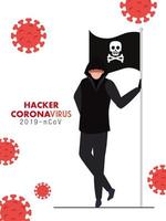 hacker y bandera con calavera durante la pandemia de covid 19 vector