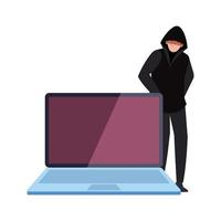 hacker with laptop computer on white background vector