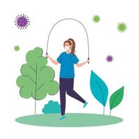 woman skipping rope using medical protective mask on nature landscape during covid 19 pandemic vector