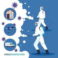 persons with protective suit for spraying the covid 19, disinfect house and desk with vehicle vector