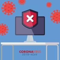 computadora con notificación de advertencia durante covid 19 vector