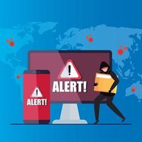 hacker with laptop and smartphone, danger warning sign during covid 19 pandemic vector