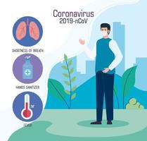 recommendations and symptoms, man using protective surgical mask for covid 19 vector