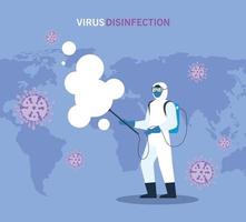 person with protective suit for spraying the covid 19 with world map, disinfection virus concept