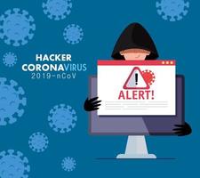 hacker and laptop with danger warning sign during covid 19 pandemic vector