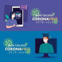 set scenes,online education advice to stop coronavirus covid-19 spreading, learning online concept vector