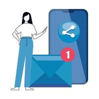 woman and smartphone with social media icons, concept of online communication on white background vector