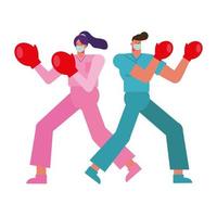 professional doctors wearing medical masks and boxing gloves vector