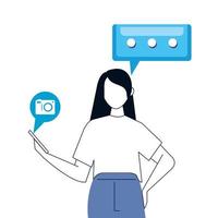 woman and smartphone with social media icons, concept of online communication on white background vector