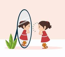 little girl with cat standing in front of a big mirror vector