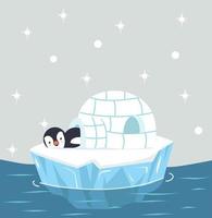 pingüino durmiendo en una casa de hielo iglú vector