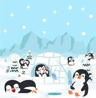 pingüinos haciendo actividades en su hábitat. vector