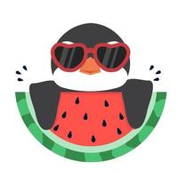 penguin with fresh watermelon vector