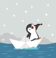 pingüino con catalejo en barco de papel en barco de papel vector