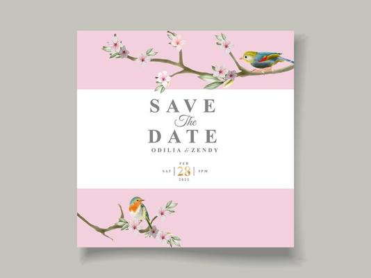 Beautiful and elegant floral with bird watercolor wedding invitation card template