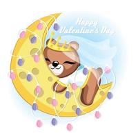 bride teddy bear character is sleeping on the moon with lights. Vector illustration of a cute baby bear for valentine card.