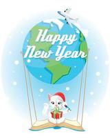 Cute little cat flying with air balloon. happy new year and christmas card vector