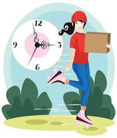 Delivery courier holding box on the background of watch. Delivery courier with roller skates. Delivery courier with box in hands. Vector flat design illustration.