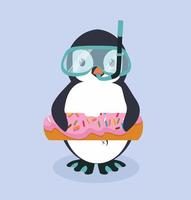 caricatura, lindo, pingüino, con, donut, piscina, flotador vector