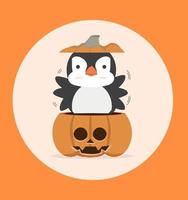 pingüino lindo de dibujos animados con una calabaza de halloween vector