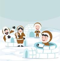 Inuit building an igloo ice house vector