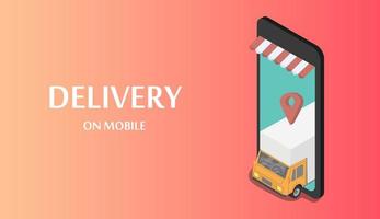 Fast delivery cargo truck on mobile banner vector