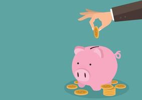 Hand putting a gold coin in a Piggy bank money savings concept vector