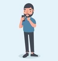 Happy man holding a smartphone flat design vector