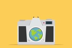 Retro camera  with world map on yellow background vector