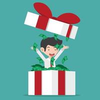 Businessman in a gift box throwing dollar bills vector