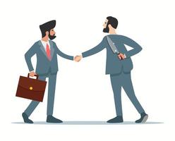 Business partner holding a knife in hand while shaking hands vector