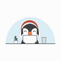 penguin oh the computer with coffee cup and cactus vector