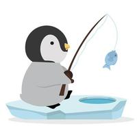 lindo pingüino pescando en vector de témpano de hielo