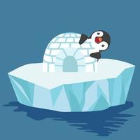 lindo pingüino con casa de hielo iglú vector