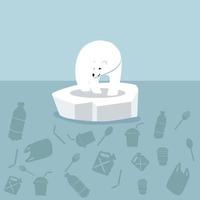 Polar bear on ice floe surrounded by plastic waste vector