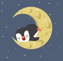 pequeño pingüino durmiendo en la luna vector